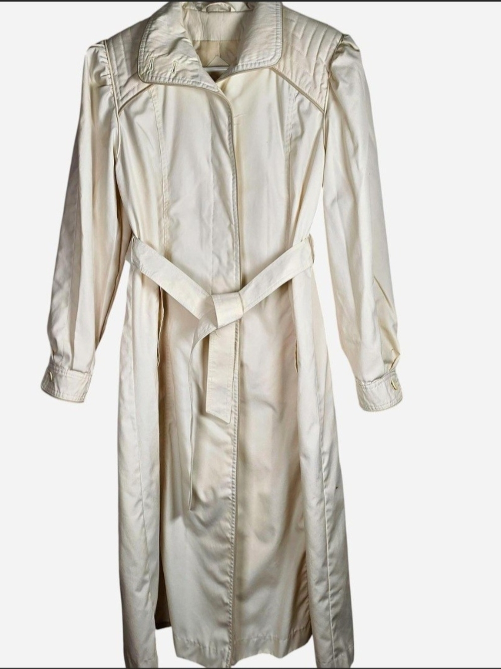 Vintage 80s Cream Trench Coat Belted Longline Quilted Trim Change Scene Size 10